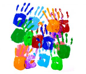 Multicolor handprints on a white background. Alternative version shown below: