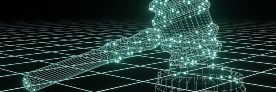 Glowing wireframe judge’s gavel on a digital grid